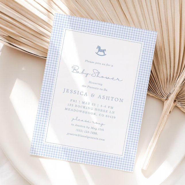 Blue Gingham, Rocking Horse, Baby Shower Invite (Creator Uploaded)