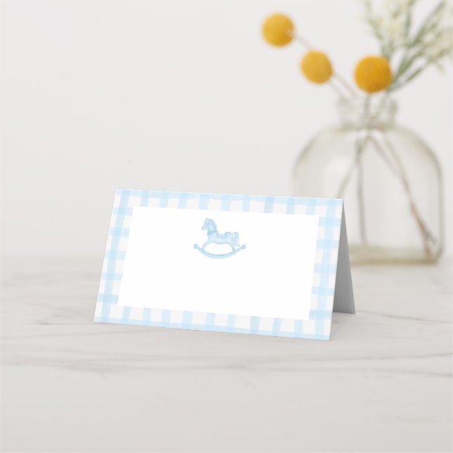 Blue Gingham Rocking Horse Baby Shower Place Card (Front)