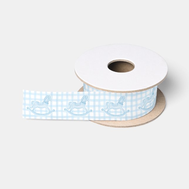 Blue Gingham Rocking Horse Baby Shower  Satin Ribbon (Spool)