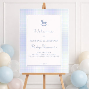 Blue Gingham Rocking Horse Baby Shower Welcome  Foam Board