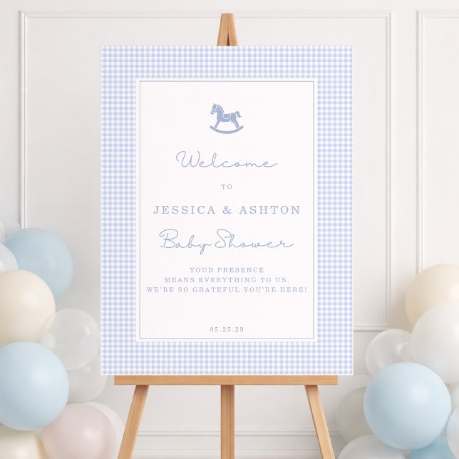 Blue Gingham Rocking Horse Baby Shower Welcome  Foam Board (Creator Uploaded)
