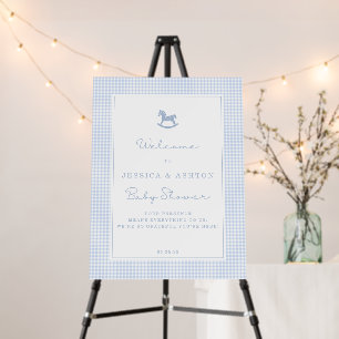 Blue Gingham Rocking Horse Baby Shower Welcome  Foam Board