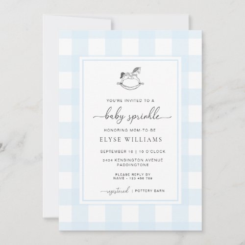 Blue Gingham Rocking Horse Baby Sprinkle Invitation