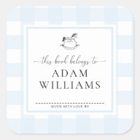 Blue Gingham Rocking Horse Bookplate Sticker