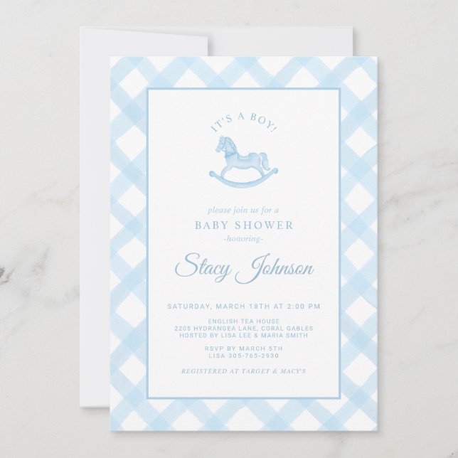Blue Gingham Rocking Horse Boy Baby Shower Invite (Front)
