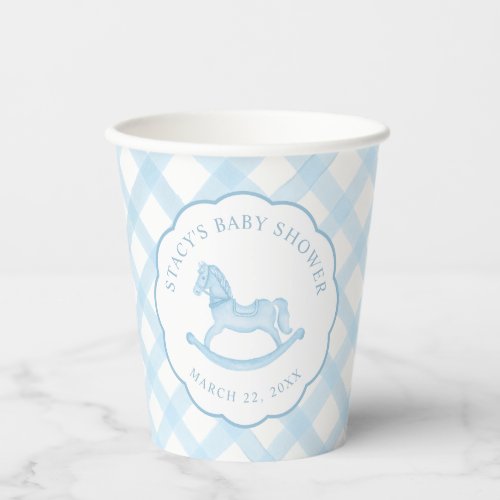 Blue Gingham Rocking Horse Boy Baby Shower Paper Cups