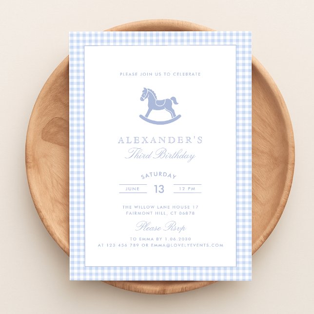 Blue Gingham Rocking Horse Boy Birthday Invitation (Creator Uploaded)