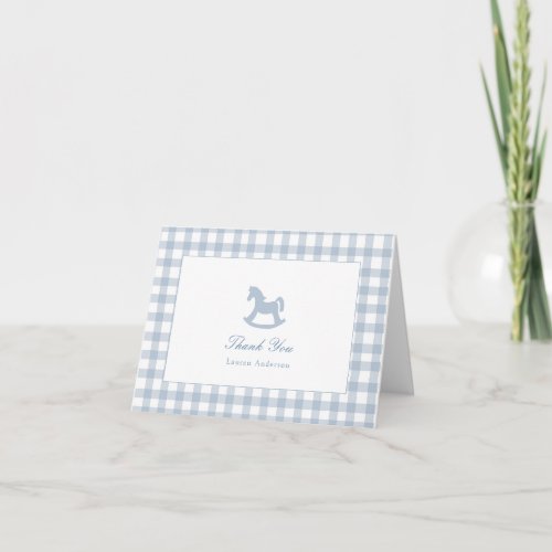 Blue Gingham rocking horse Folded Thank You Note Card