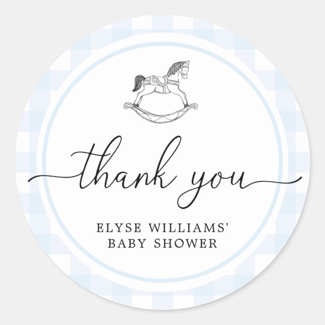 Blue Gingham Rocking Horse Shower Favor Sticker (Front)