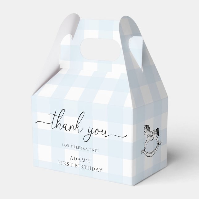 Blue Gingham Rocking Horse Thank You Favor Box (Front Side)