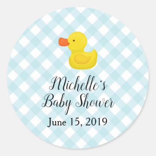 Blue Gingham Rubber Duckie Baby Shower Classic Round Sticker