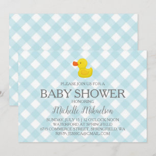 Blue Gingham Rubber Duckie Baby Shower Invitation