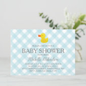 Blue Gingham Rubber Duckie Baby Shower Invitation (Standing Front)
