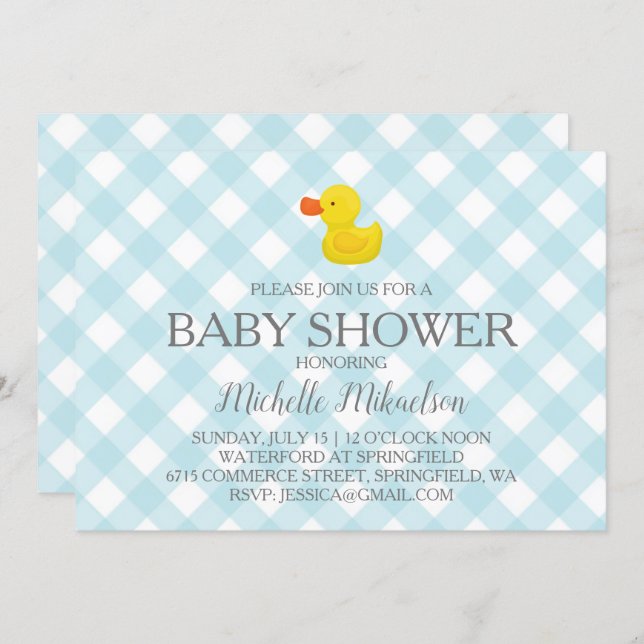 Blue Gingham Rubber Duckie Baby Shower Invitation (Front/Back)