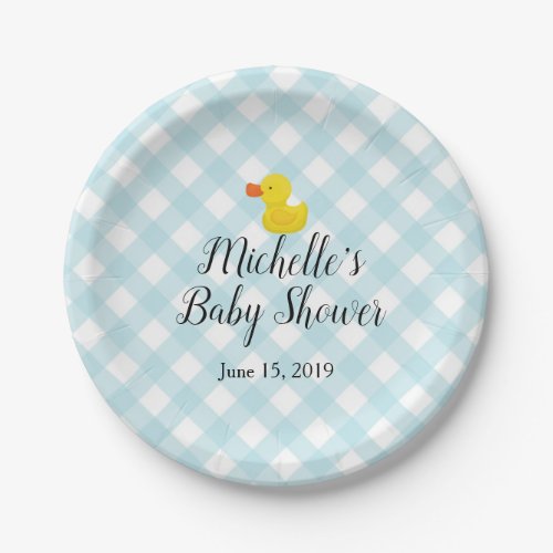 Blue Gingham Rubber Duckie Baby Shower Paper Plates