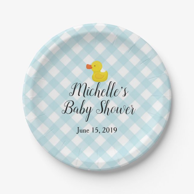 Blue Gingham Rubber Duckie Baby Shower Paper Plates (Front)