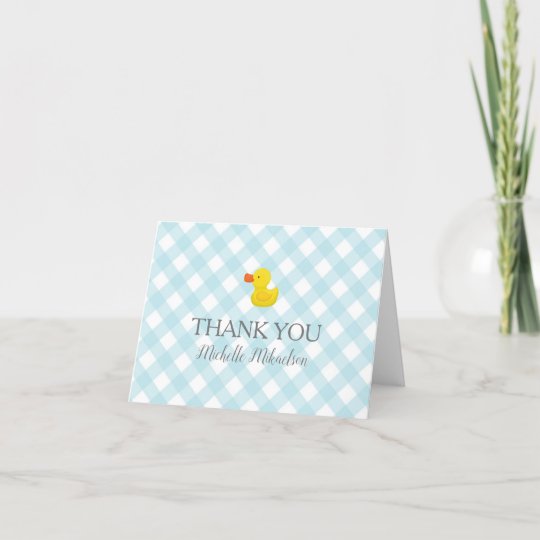 Blue Gingham Rubber Duckie Baby Shower Thank You Card