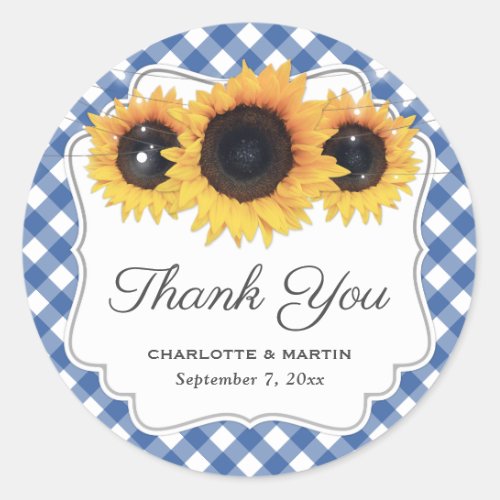 Blue Gingham Rustic Sunflower Floral Thank You Classic Round Sticker