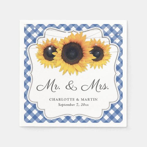 Blue Gingham Rustic Sunflower Floral Wedding Napkins