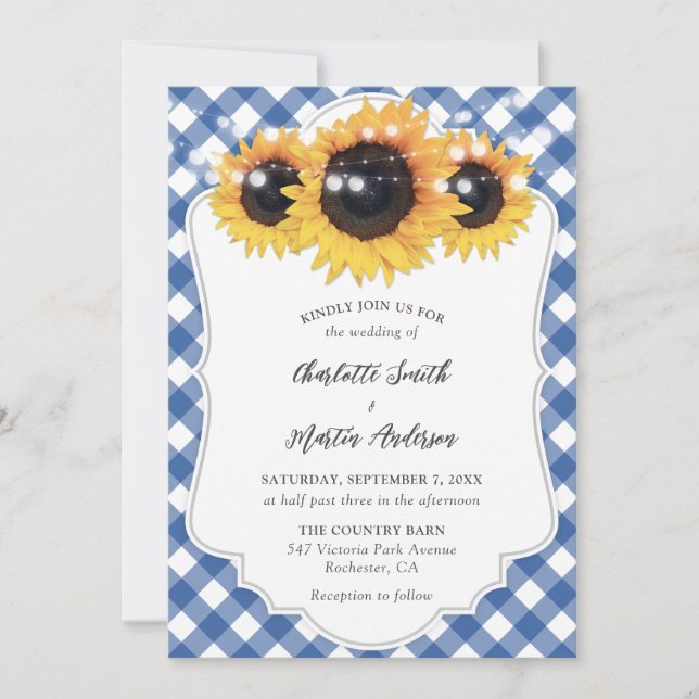 Blue Gingham Rustic Sunflower Wedding Invitation (Front)