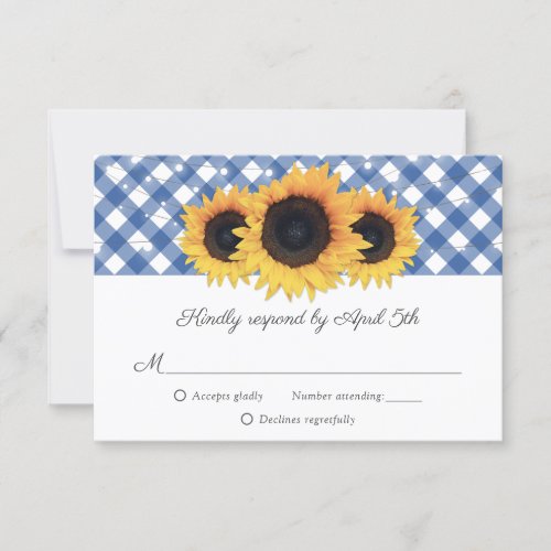 Blue Gingham Rustic Sunflower Wedding RSVP Card