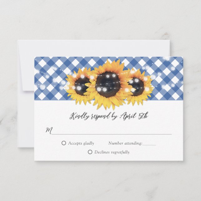 Blue Gingham Rustic Sunflower Wedding RSVP Card (Front)