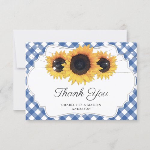 Blue Gingham Rustic Sunflower Wedding Thank You Card