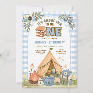 Blue gingham S’more Fun to Be One First Birthday Invitation