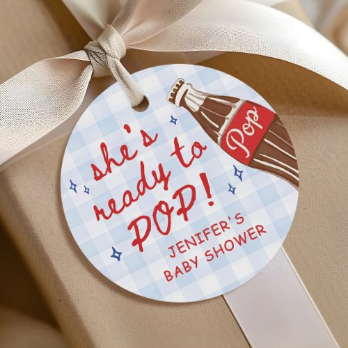 Blue Gingham She's Ready to Pop Baby Shower Favor Tags
