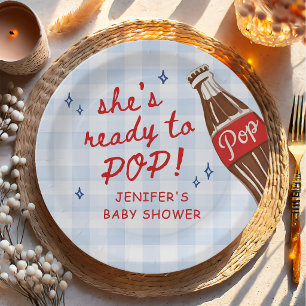 Blue Gingham She's Ready to Pop Baby Shower Paper Plates