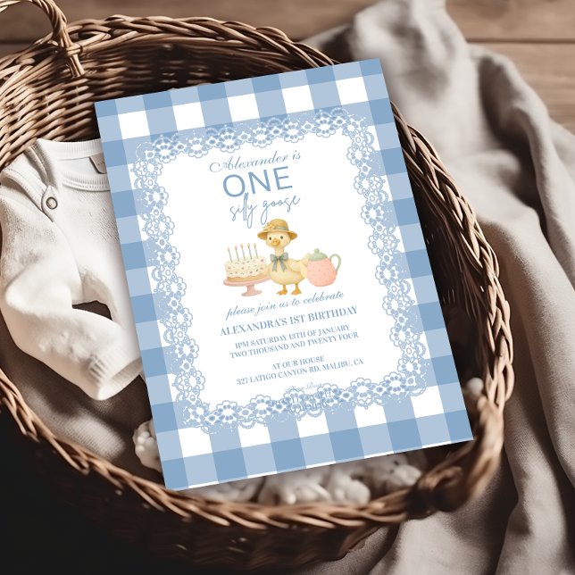  Blue Gingham Silly Goose 1st Birthday Invitation (Creator Uploaded)