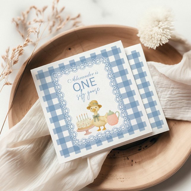  Blue Gingham Silly Goose 1st Birthday Napkins (Creator Uploaded)