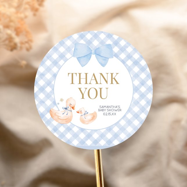 Blue Gingham Silly Goose Baby Shower Classic Round Sticker (Little Silly Goose Baby Shower Sticker)