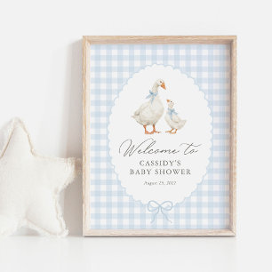 Blue Gingham Silly Goose Baby Shower Welcome Sign