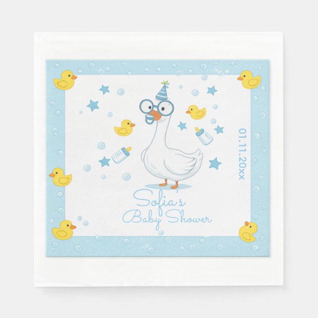 Blue Gingham Silly Goose Boy Baby Shower Napkins (Front)