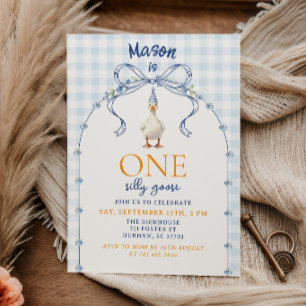 Blue Gingham Silly Goose First Birthday Cute Farm Invitation