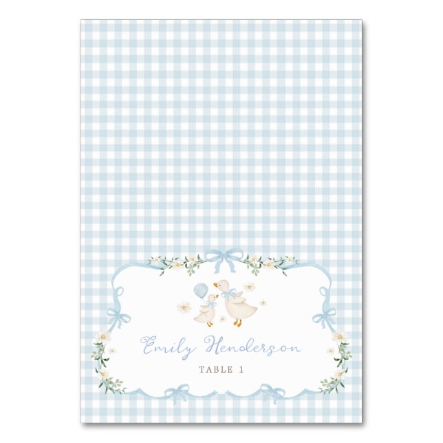 Blue Gingham Silly Goose Table Place Cards (Front)