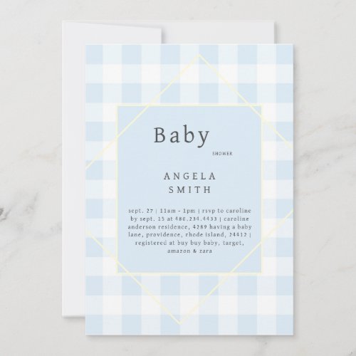 Blue Gingham Simple Baby Shower  Invitation