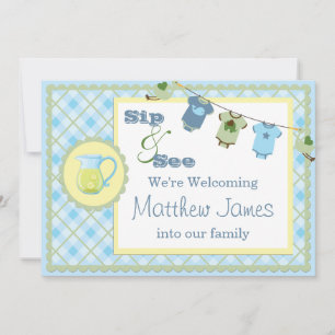 Blue Gingham Sip and See Bunting Baby Invitation