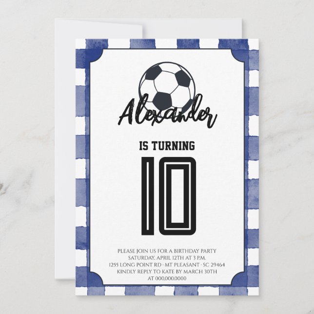 Blue Gingham Soccer Birthday Party Invitation (Front)