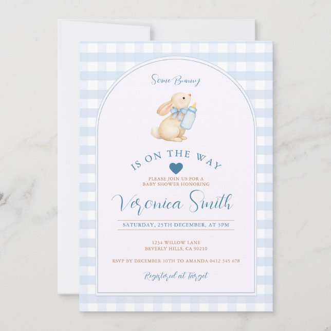Blue Gingham Some Bunny Is On the Way Baby Shower Invitation (Front)