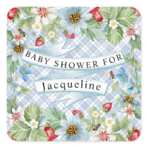 Blue Gingham Strawberry Berry Baby to Bee Shower Square Sticker