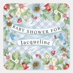 Blue Gingham Strawberry Berry Baby to Bee Shower Square Sticker