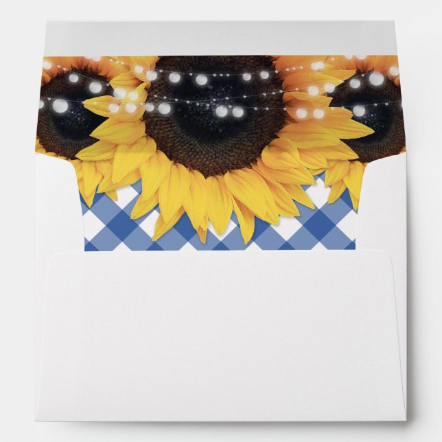 Blue Gingham String Lights Sunflower Wedding Envelope (Back (Bottom))