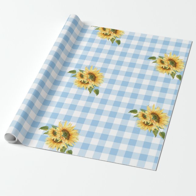 Blue Gingham Sunflower Baby Shower Wrapping Paper (Unrolled)