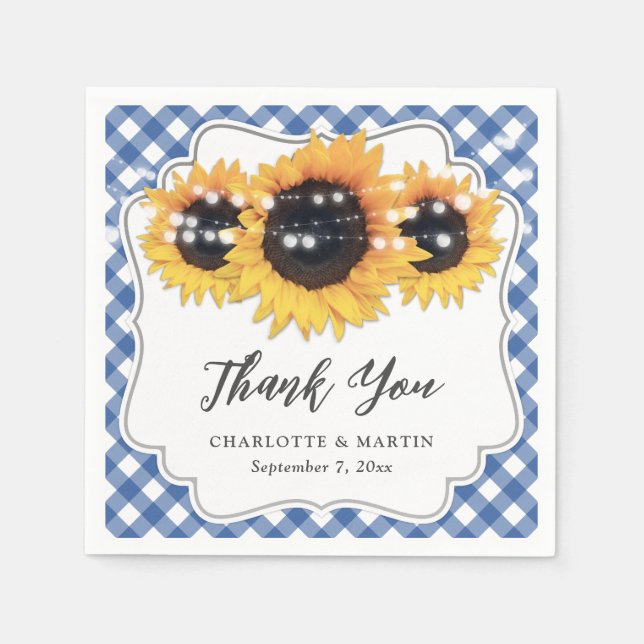 Blue Gingham Sunflower Floral Wedding Napkins (Front)