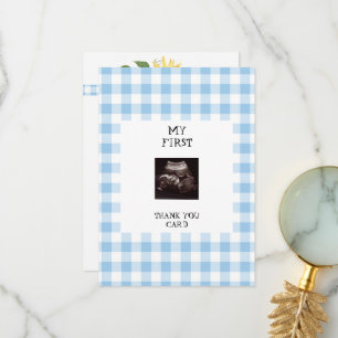 Blue Gingham Sunflower Funny Baby Shower Thank You Card