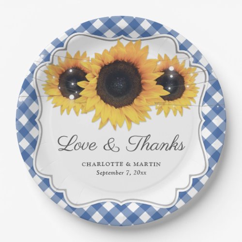 Blue Gingham Sunflower Love and Thanks Wedding Paper Plates
