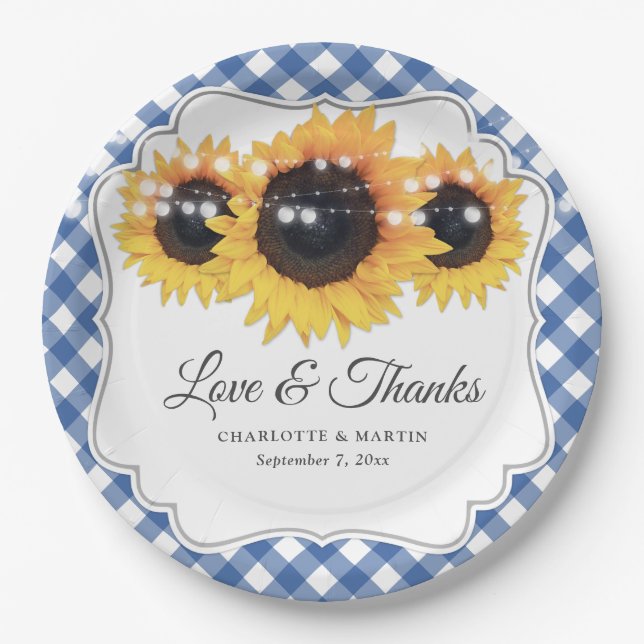 Blue Gingham Sunflower Love and Thanks Wedding Paper Plates (Front)