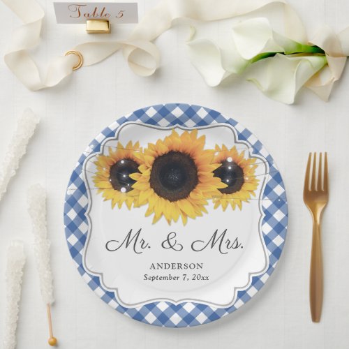Blue Gingham Sunflower Mr and Mrs Wedding Paper Plates